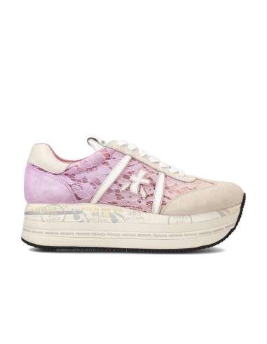 PREMIATA woman BETH 6713 beige suede sneakers with pink embroidery