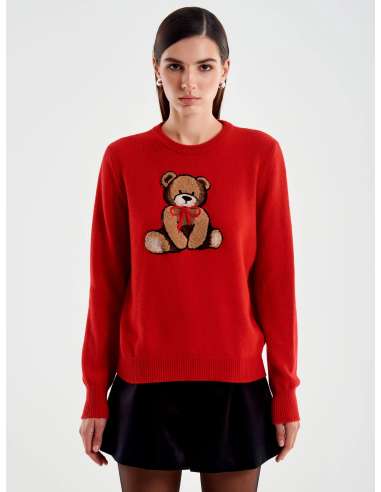 VICOLO Pullover donna 77198S ROSSO con orsetto ricamato