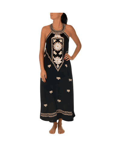 PAHIESA Abito donna VLCC19 BLACK lungo in seta con maxi ricamo nero